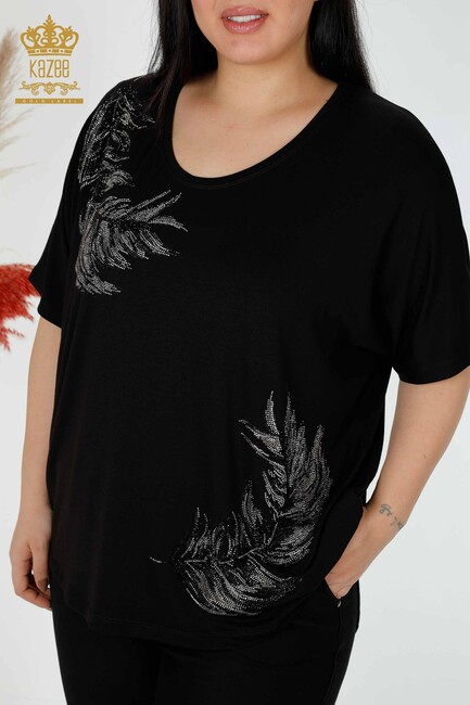 Women's Blouse Leaf Pattern Black - 78846 | KAZEE - Thumbnail