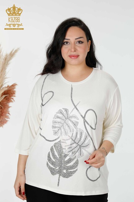 Women's Blouse Leaf Pattern Ecru - 78946 | KAZEE - Thumbnail