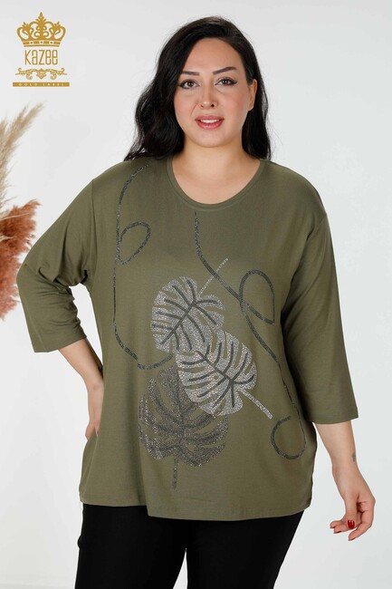 Women's Blouse Leaf Patterned Khaki - 78946 | KAZEE - Thumbnail