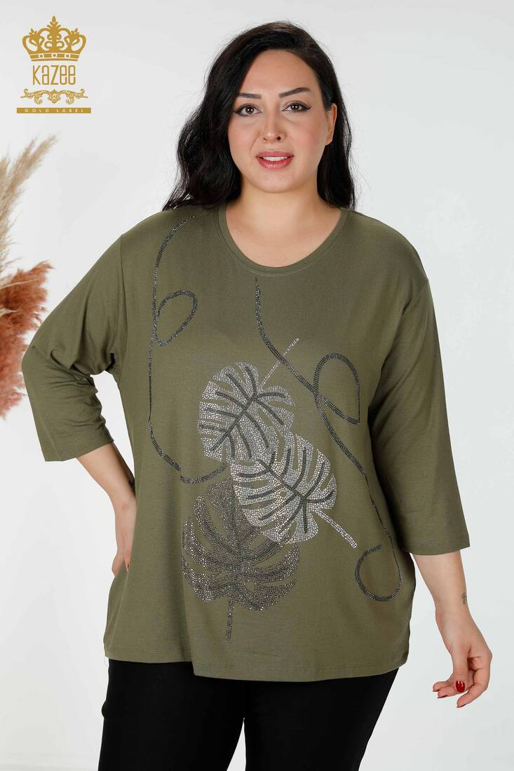 Women's Blouse Leaf Patterned Khaki - 78946 | KAZEE