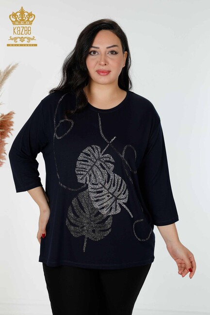 Women's Blouse Leaf Patterned Navy Blue - 78946 | KAZEE - Thumbnail