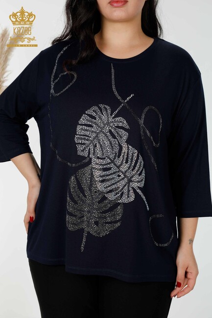 Women's Blouse Leaf Patterned Navy Blue - 78946 | KAZEE - Thumbnail