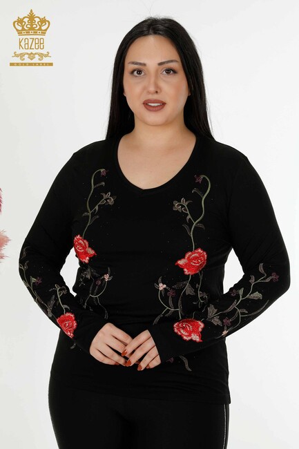 Women's Blouse Black With Rose Embroidery - 79044 | KAZEE - Thumbnail