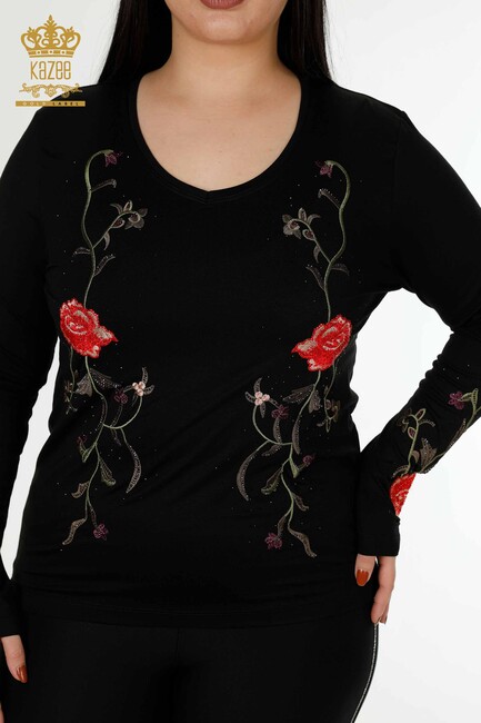 Women's Blouse Black With Rose Embroidery - 79044 | KAZEE - Thumbnail