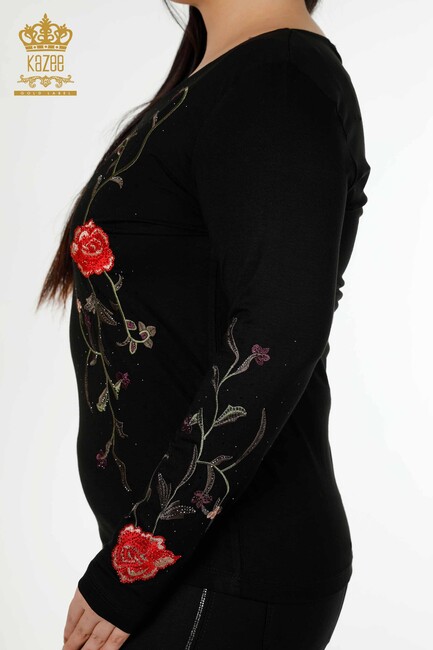 Women's Blouse Black With Rose Embroidery - 79044 | KAZEE - Thumbnail