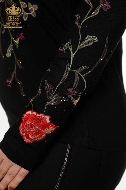 Women's Blouse Black With Rose Embroidery - 79044 | KAZEE - Thumbnail