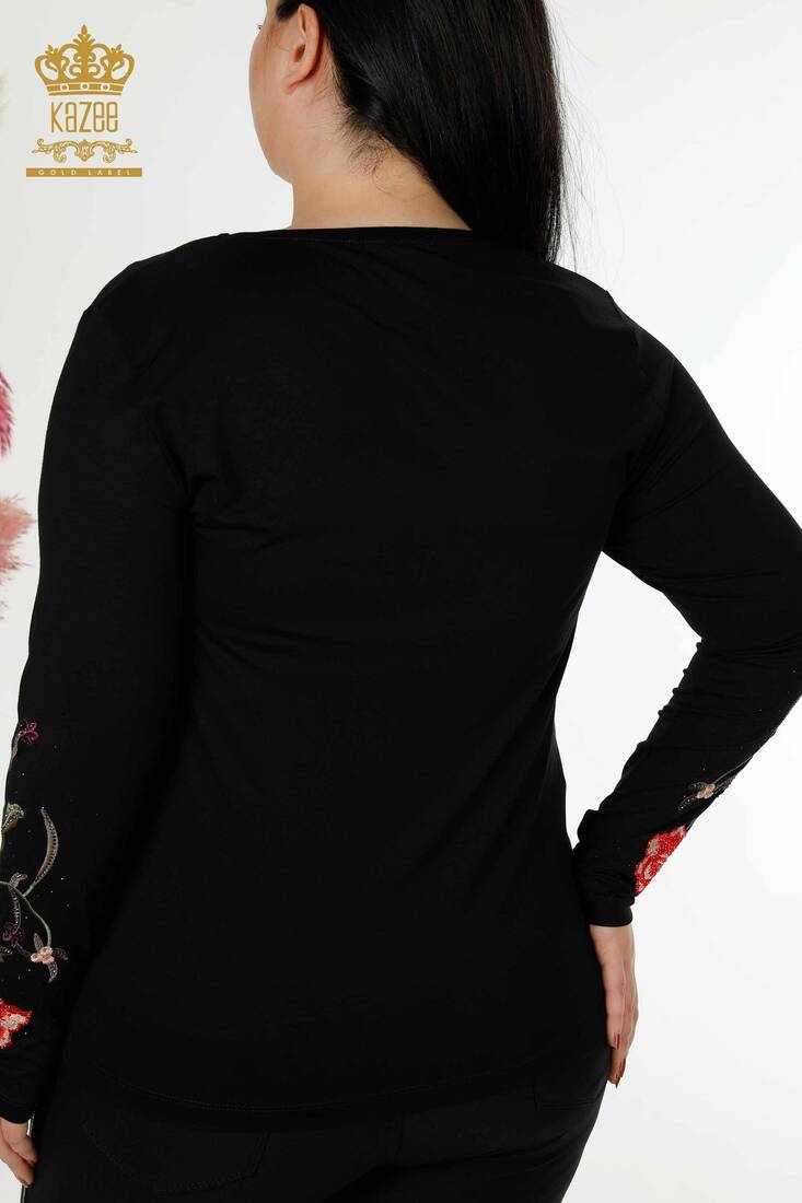 Women's Blouse Black With Rose Embroidery - 79044 | KAZEE