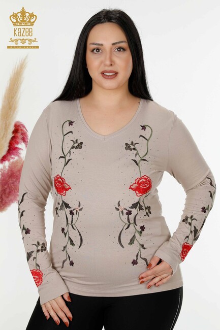 Women's Blouse Rose Embroidered Mink - 79044 | KAZEE - Thumbnail