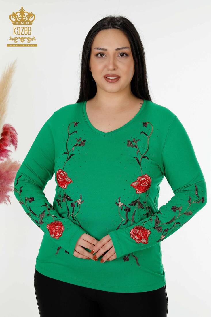 Women's Blouse Green With Rose Embroidery - 79044 | KAZEE