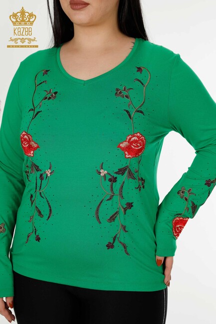 Women's Blouse Green With Rose Embroidery - 79044 | KAZEE - Thumbnail