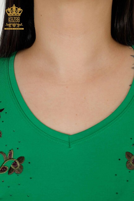 Women's Blouse Green With Rose Embroidery - 79044 | KAZEE - Thumbnail