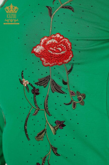 Women's Blouse Green With Rose Embroidery - 79044 | KAZEE - Thumbnail