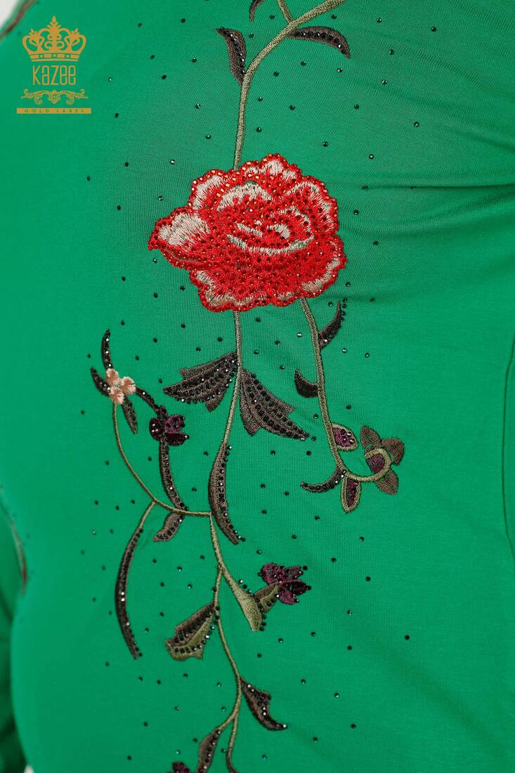 Women's Blouse Green With Rose Embroidery - 79044 | KAZEE