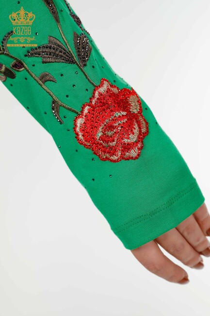 Women's Blouse Green With Rose Embroidery - 79044 | KAZEE - Thumbnail