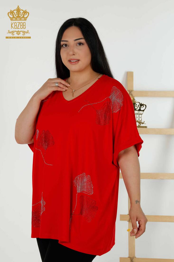 Women's Blouse Short Sleeve Red - 79318 | KAZEE