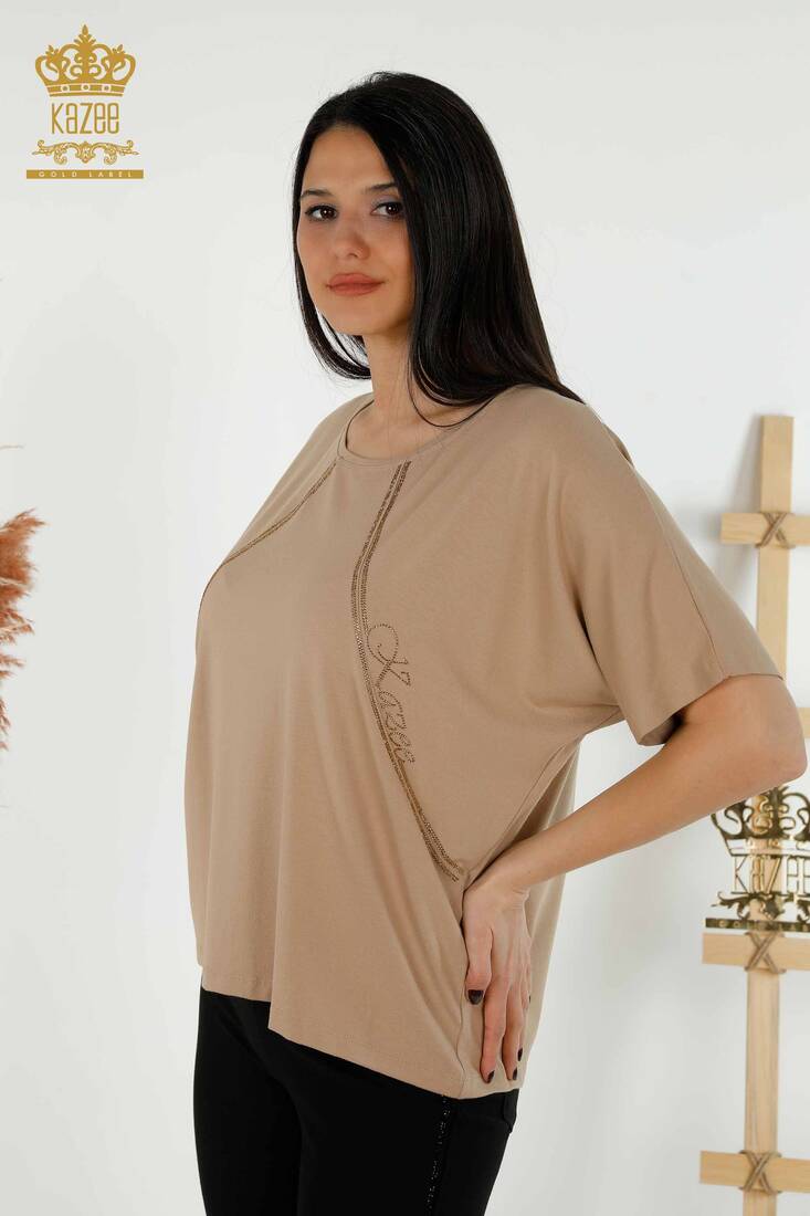 Women's Blouse Short Sleeve Beige - 79295 | KAZEE