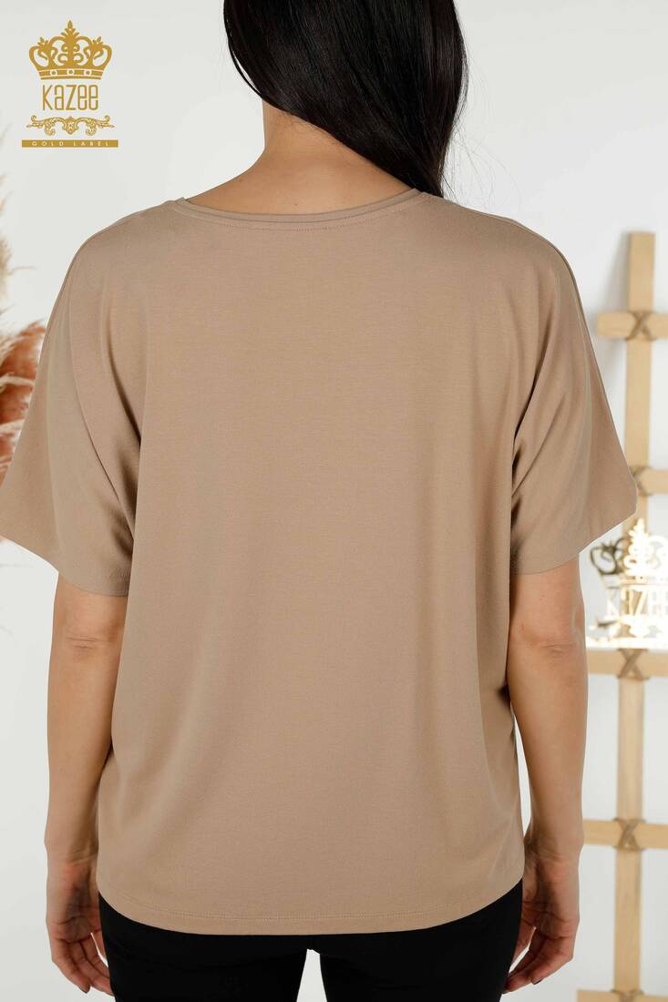 Women's Blouse Short Sleeve Beige - 79295 | KAZEE