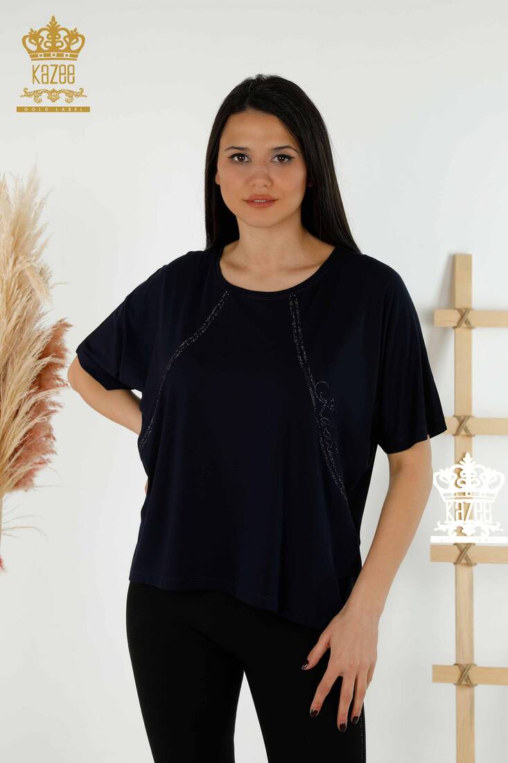 Women's Blouse Short Sleeve Navy - 79295 | KAZEE