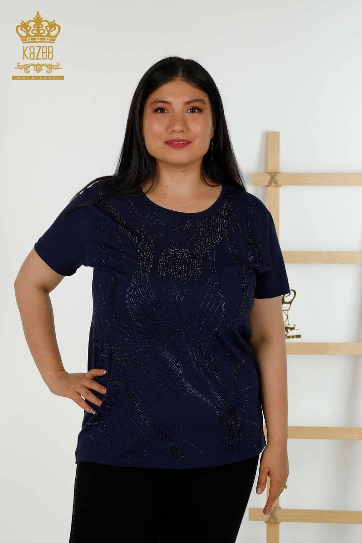 Women's Blouse Short Sleeve Navy Blue - 79329 | KAZEE