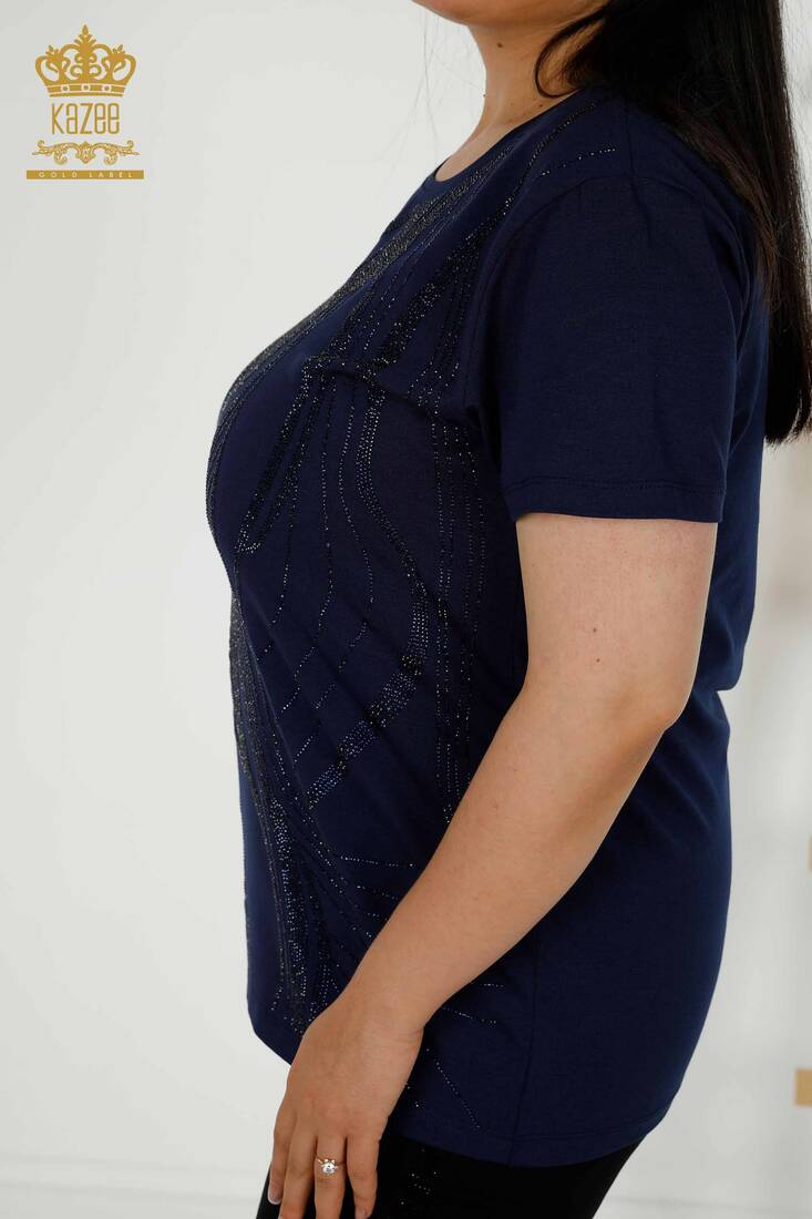 Women's Blouse Short Sleeve Navy Blue - 79329 | KAZEE