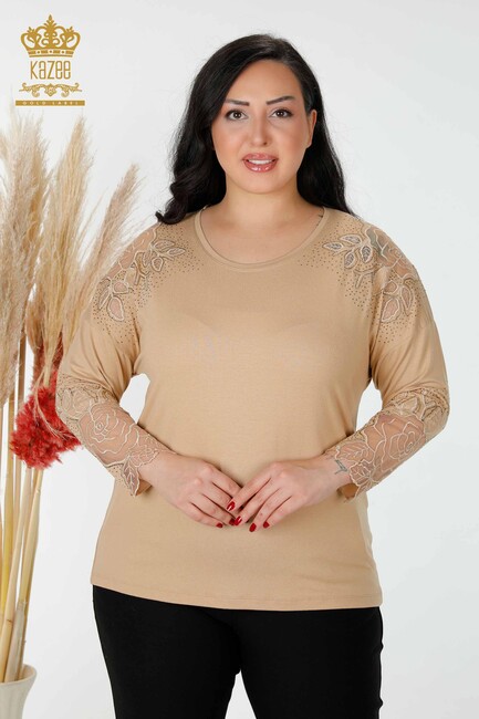 Women's Blouse Sleeve Tulle Detailed Beige - 77973 | KAZEE - Thumbnail