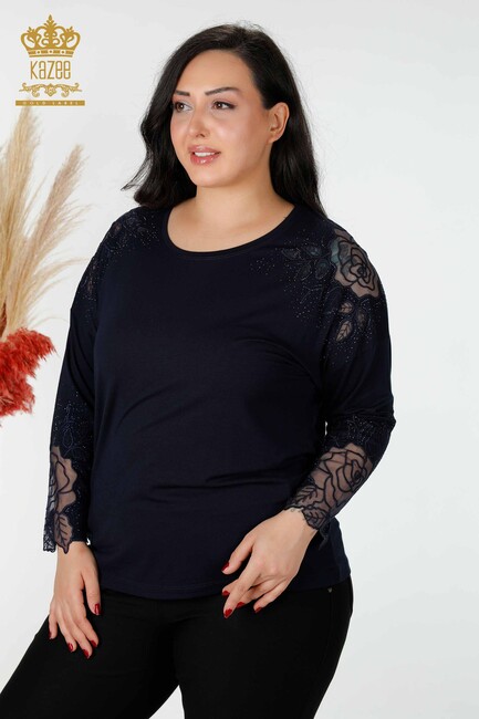 Women's Blouse Sleeve Tulle Detailed Navy Blue - 77973 | KAZEE - Thumbnail