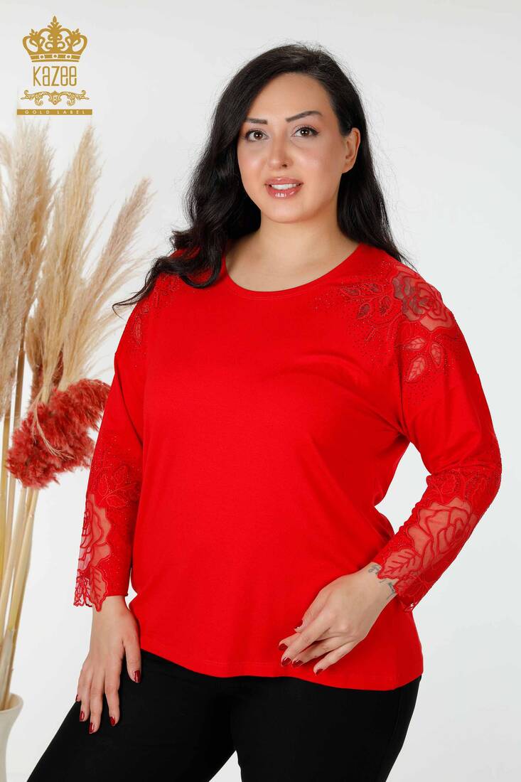 Women's Blouse Sleeve Tulle Detailed Red - 77973 | KAZEE