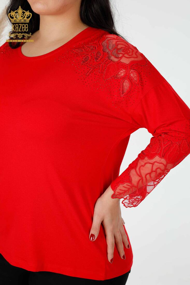 Women's Blouse Sleeve Tulle Detailed Red - 77973 | KAZEE