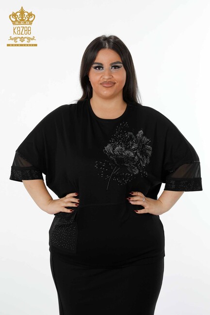 Women's Blouse Sleeves Tulle Detailed Black - 79026 | KAZEE - Thumbnail