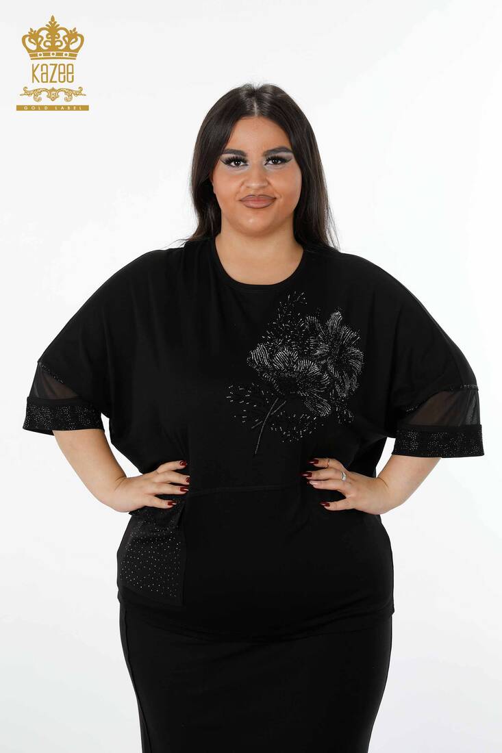 Women's Blouse Sleeves Tulle Detailed Black - 79026 | KAZEE