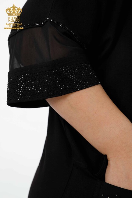 Women's Blouse Sleeves Tulle Detailed Black - 79026 | KAZEE - Thumbnail