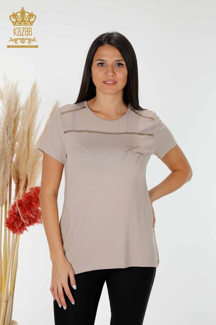 Women's Blouse Stone Embroidered Beige - 78857 | KAZEE - Thumbnail