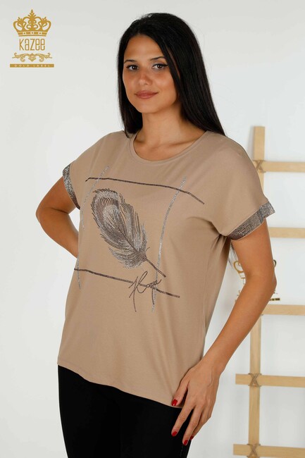 Women's Blouse Stone Embroidered Beige - 78878 | KAZEE - Thumbnail