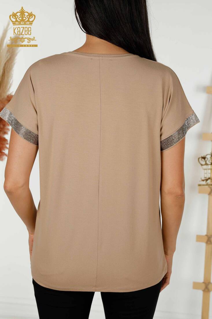 Women's Blouse Stone Embroidered Beige - 78878 | KAZEE