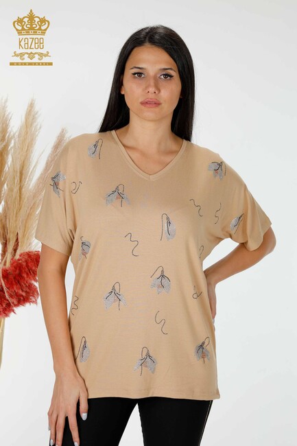 Women's Blouse Stone Embroidered Beige - 78934 | KAZEE - Thumbnail