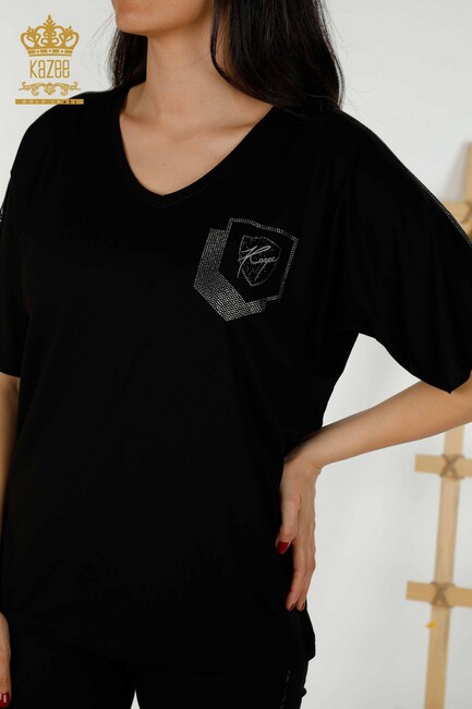 Women's Blouse Stone Embroidered Black - 77487 | KAZEE - Thumbnail