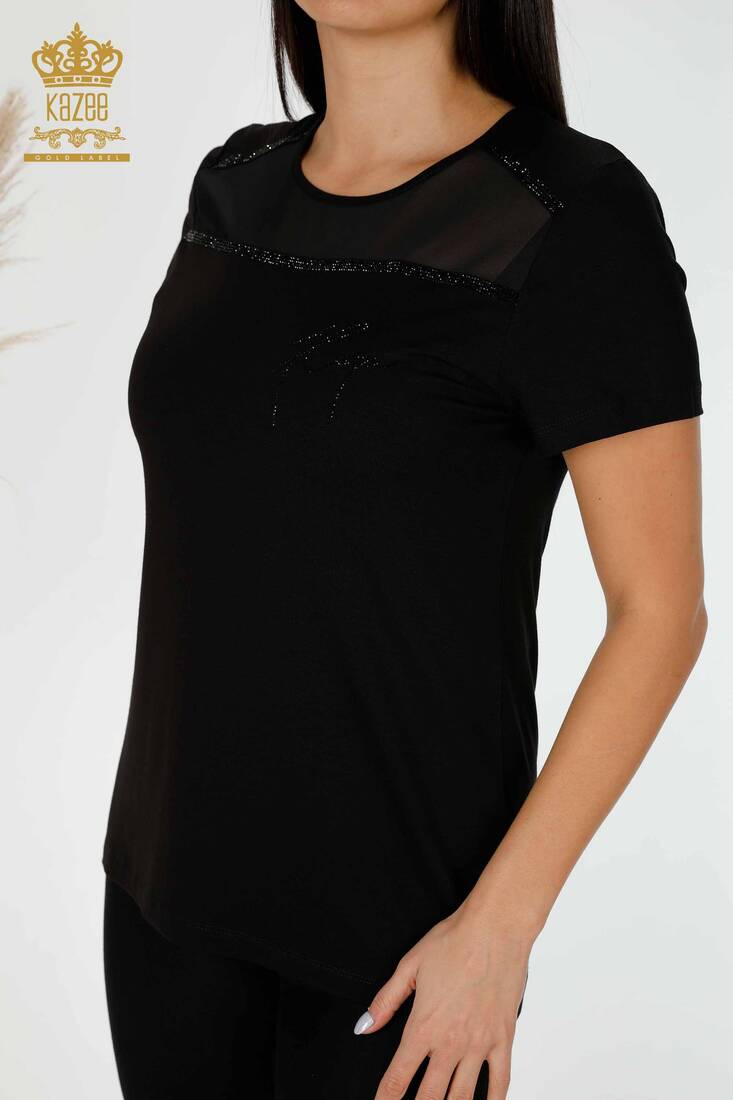 Women's Blouse Stone Embroidered Black - 78857 | KAZEE