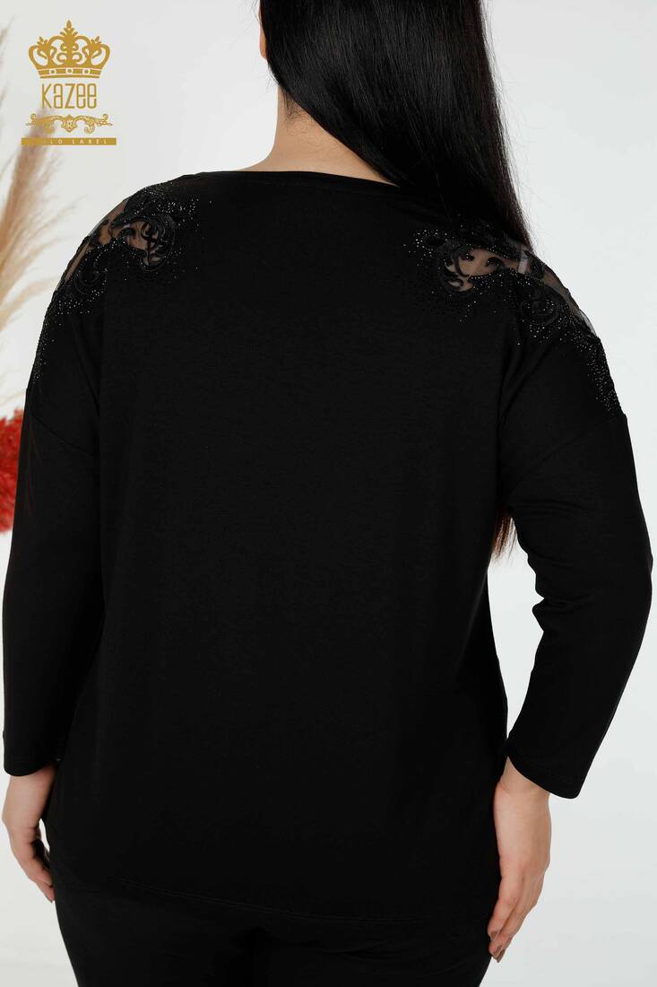 Women's Blouse Stone Embroidered Black - 78911 | KAZEE