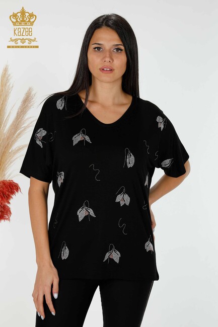 Women's Blouse Stone Embroidered Black - 78934 | KAZEE - Thumbnail