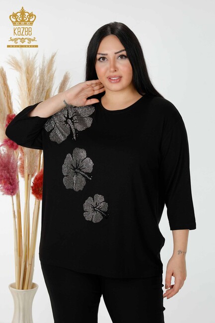 Women's Blouse Stone Embroidered Black - 78990 | KAZEE - Thumbnail