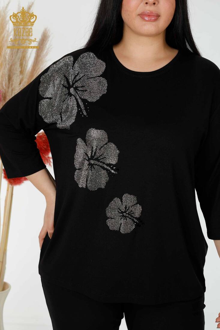 Women's Blouse Stone Embroidered Black - 78990 | KAZEE