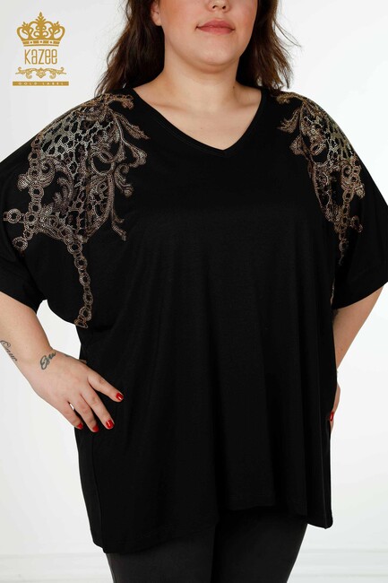 Women's Blouse Stone Embroidered Black - 79064 | KAZEE - Thumbnail