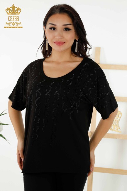 Women's Blouse Stone Embroidered Black - 79069 | KAZEE - Thumbnail