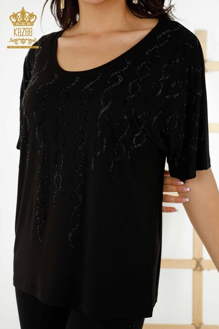 Women's Blouse Stone Embroidered Black - 79069 | KAZEE - Thumbnail