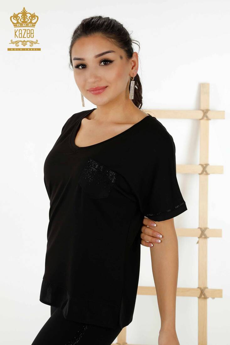 Women's Blouse Stone Embroidered Black - 79195 | KAZEE