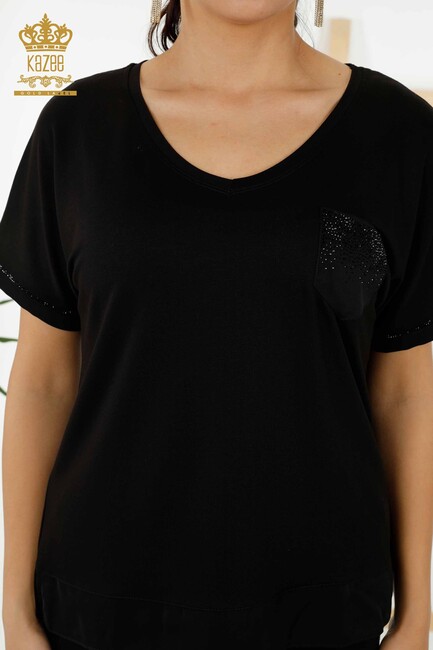 Women's Blouse Stone Embroidered Black - 79195 | KAZEE - Thumbnail