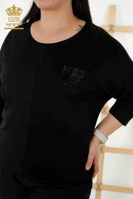 Women's Blouse Stone Embroidered Black - 79222 | KAZEE - Thumbnail