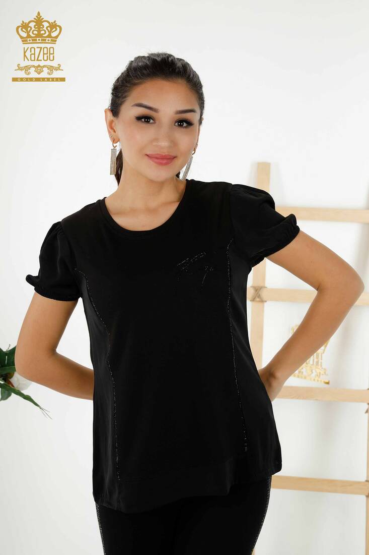 Women's Blouse Stone Embroidered Black - 79226 | KAZEE