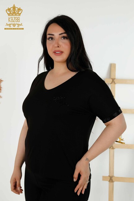 Women's Blouse Stone Embroidered Black - 79297 | KAZEE - Thumbnail