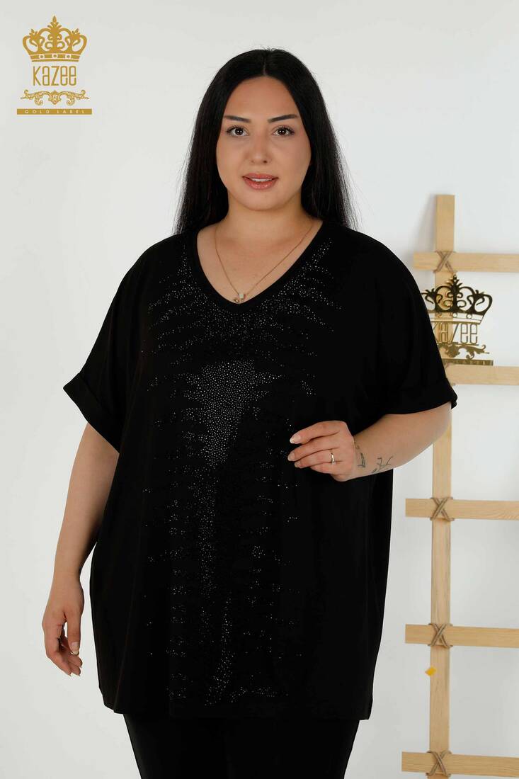 Women's Blouse Stone Embroidered Black - 79321 | KAZEE